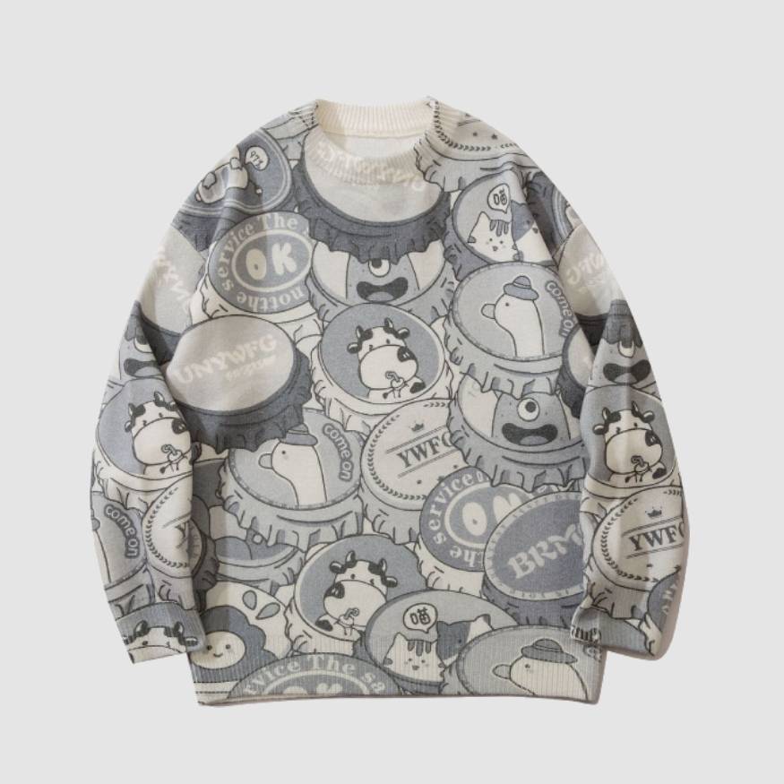 Pullover mit Cartoon-Flaschendeckel-Muster