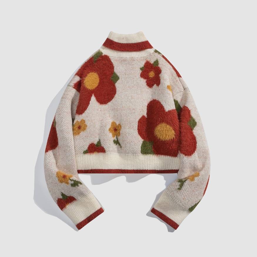 Flower Pattern Turtleneck Cropped Sweater