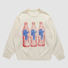 Bottle & Astronaut Pattern Knit Sweater