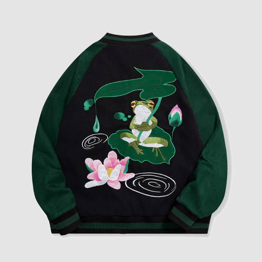 Chaqueta bordada con estampado de loto y rana