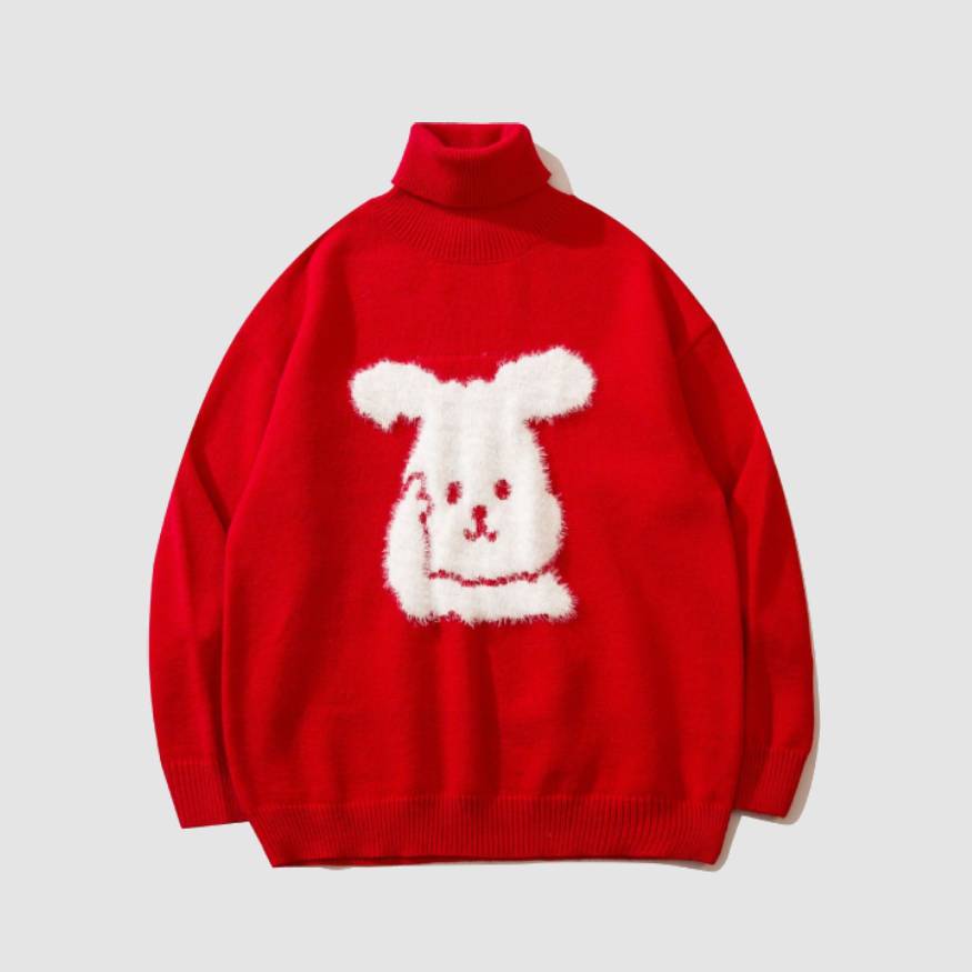 Rabbit Pattern Turtleneck Knit Sweater