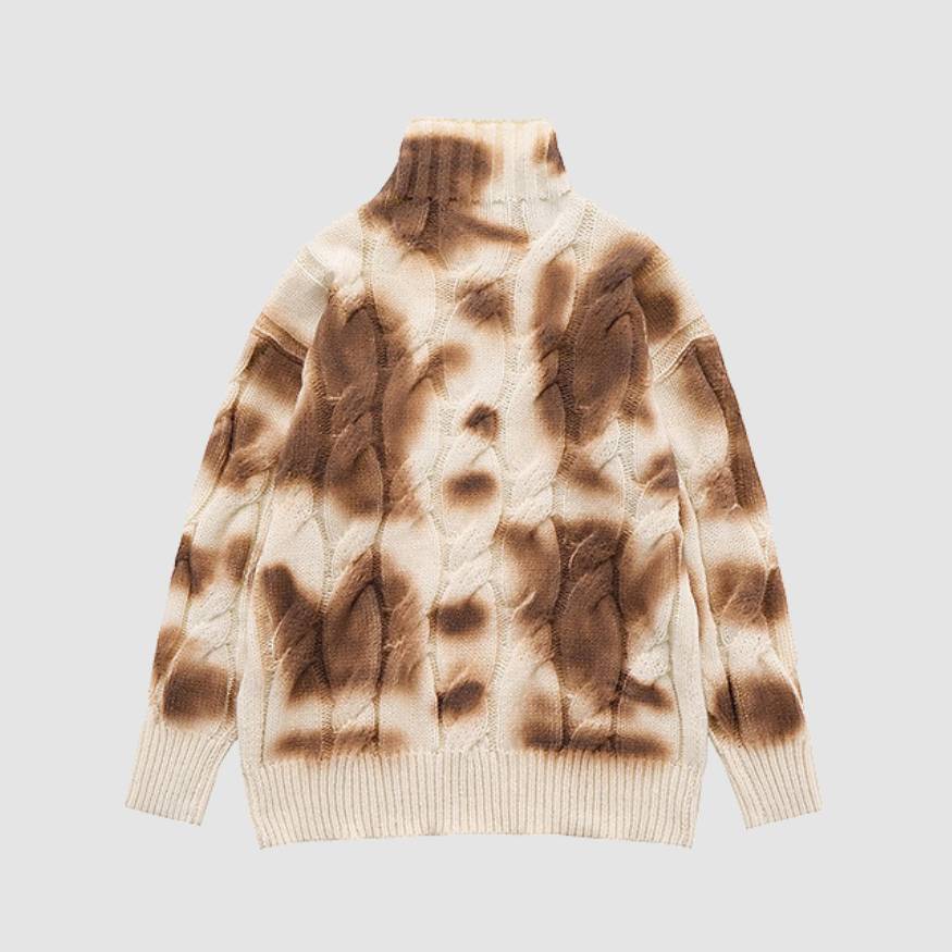 Turtleneck Tie-Dye Print Cable Knit Sweater