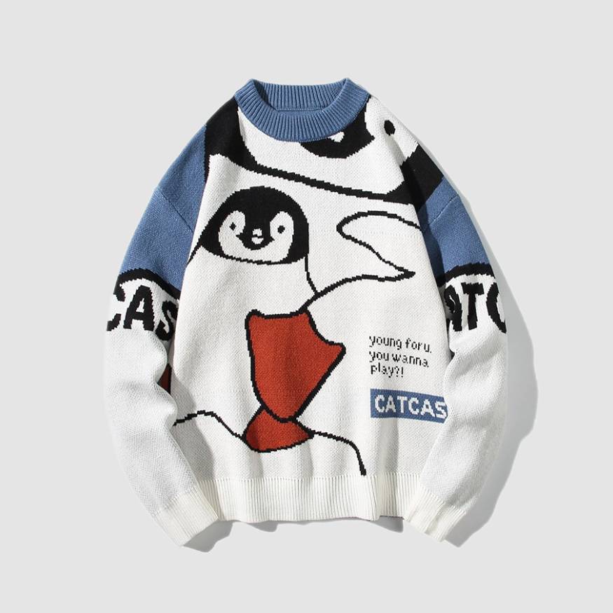 Suéter con estampado de pingüino travieso