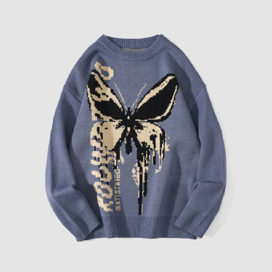 Butterfly & Letters Graffiti Print Knit Sweater