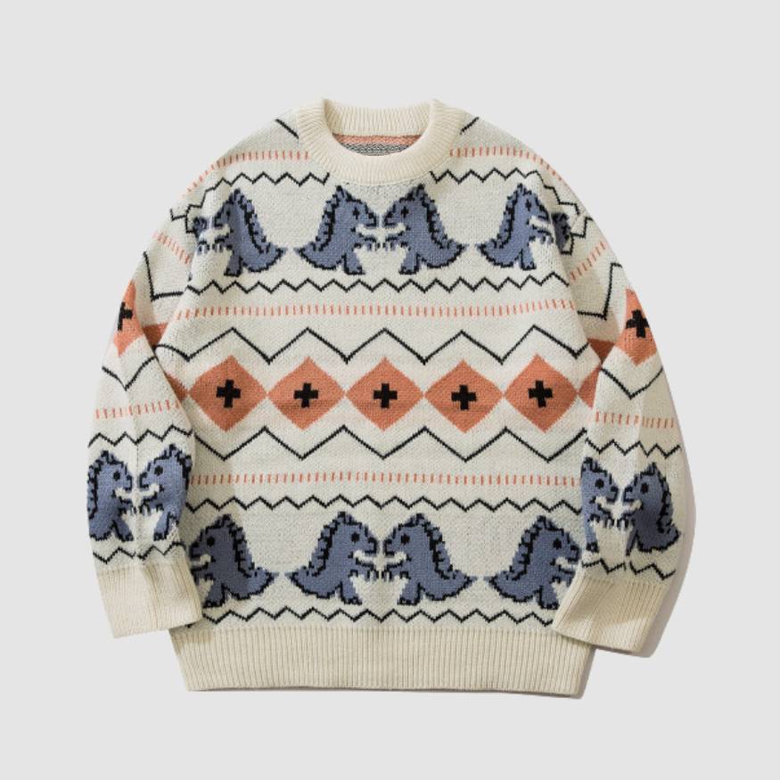 Dinosaur & Wave Pattern Knit Sweater