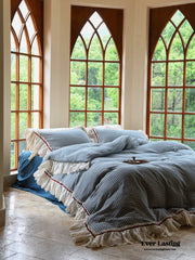 Gingham Floral Ruffle Bedding Set - Blue White