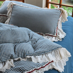 Gingham Floral Ruffle Bedding Set - Blue White