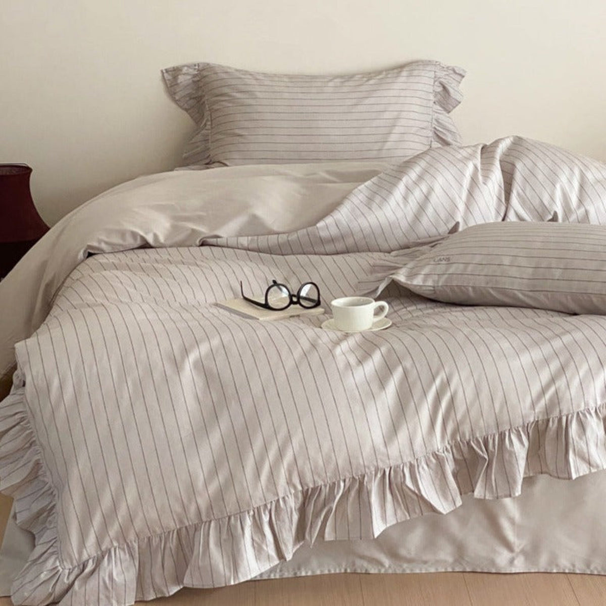 Gray Stripe Ruffle Bedding Set