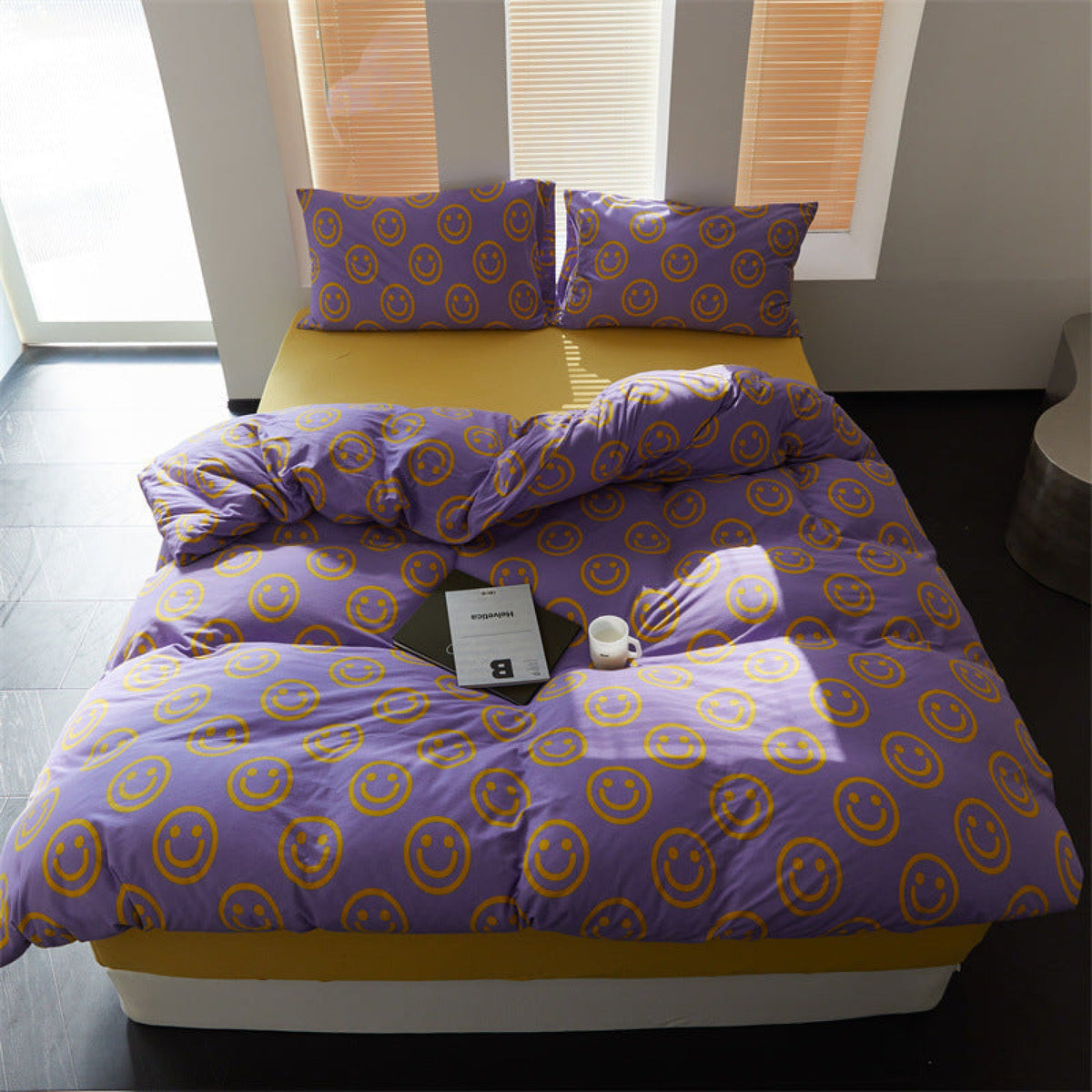 Happy Face Cotton Bedding Set - Purple Yellow
