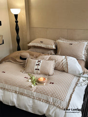 Heiress Gingham Bow Embroidered Bedding Set - Beige