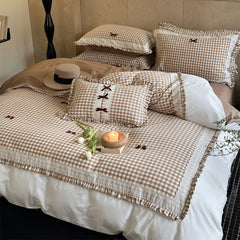 Heiress Gingham Bow Embroidered Bedding Set - Beige