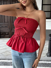 Ruffled bow slimming red top