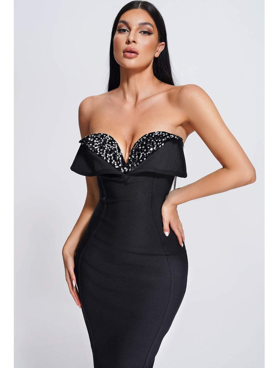 High-Elastic Knit Sequined Strapless Dress