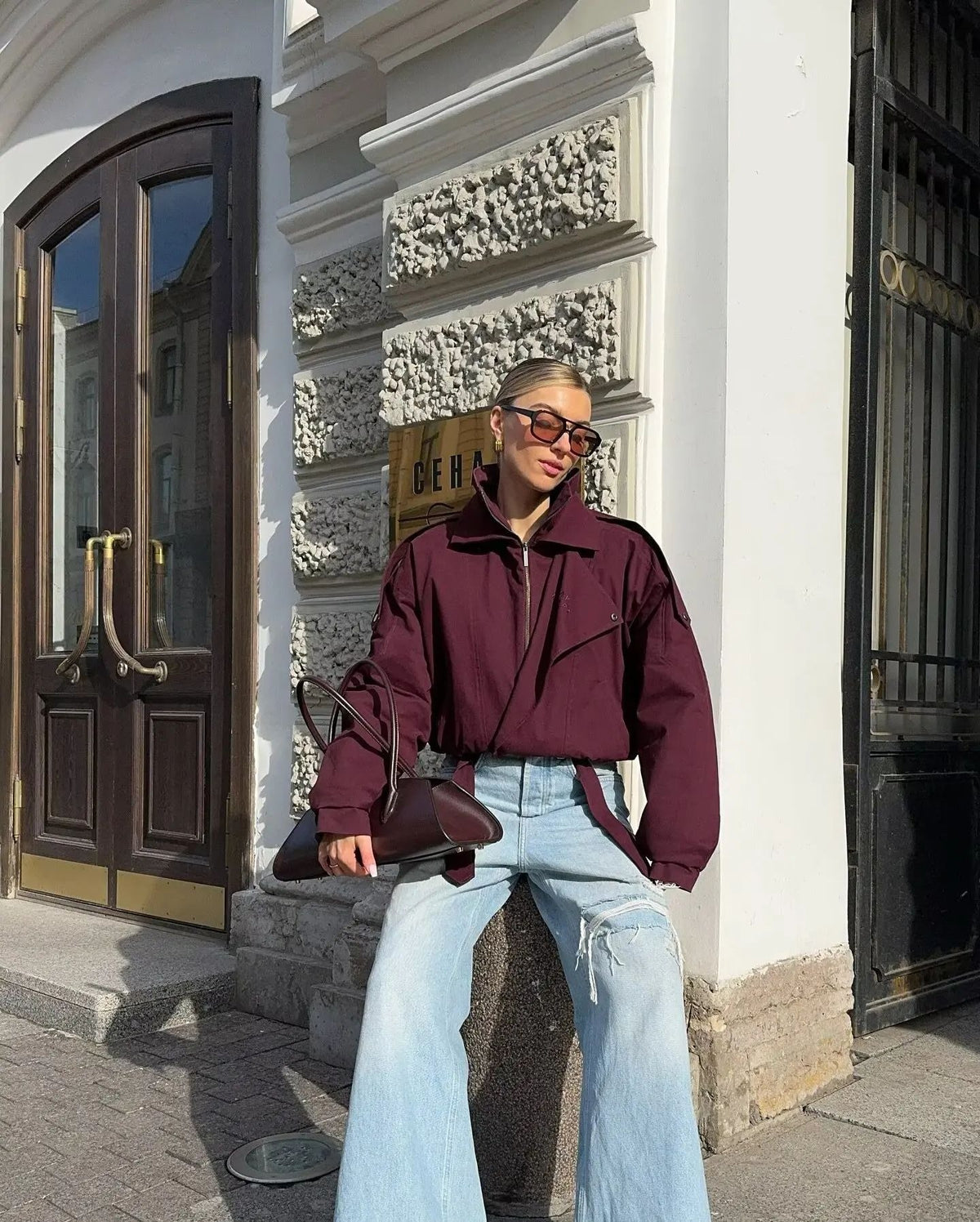 Red Stand Collar Loose Jacket