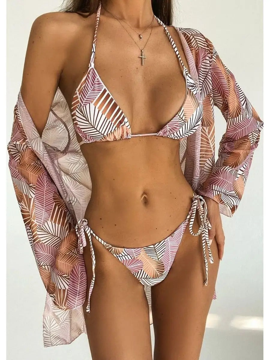 4-pieces Printed Bikini Suit & Cover Up Top And Skirt
