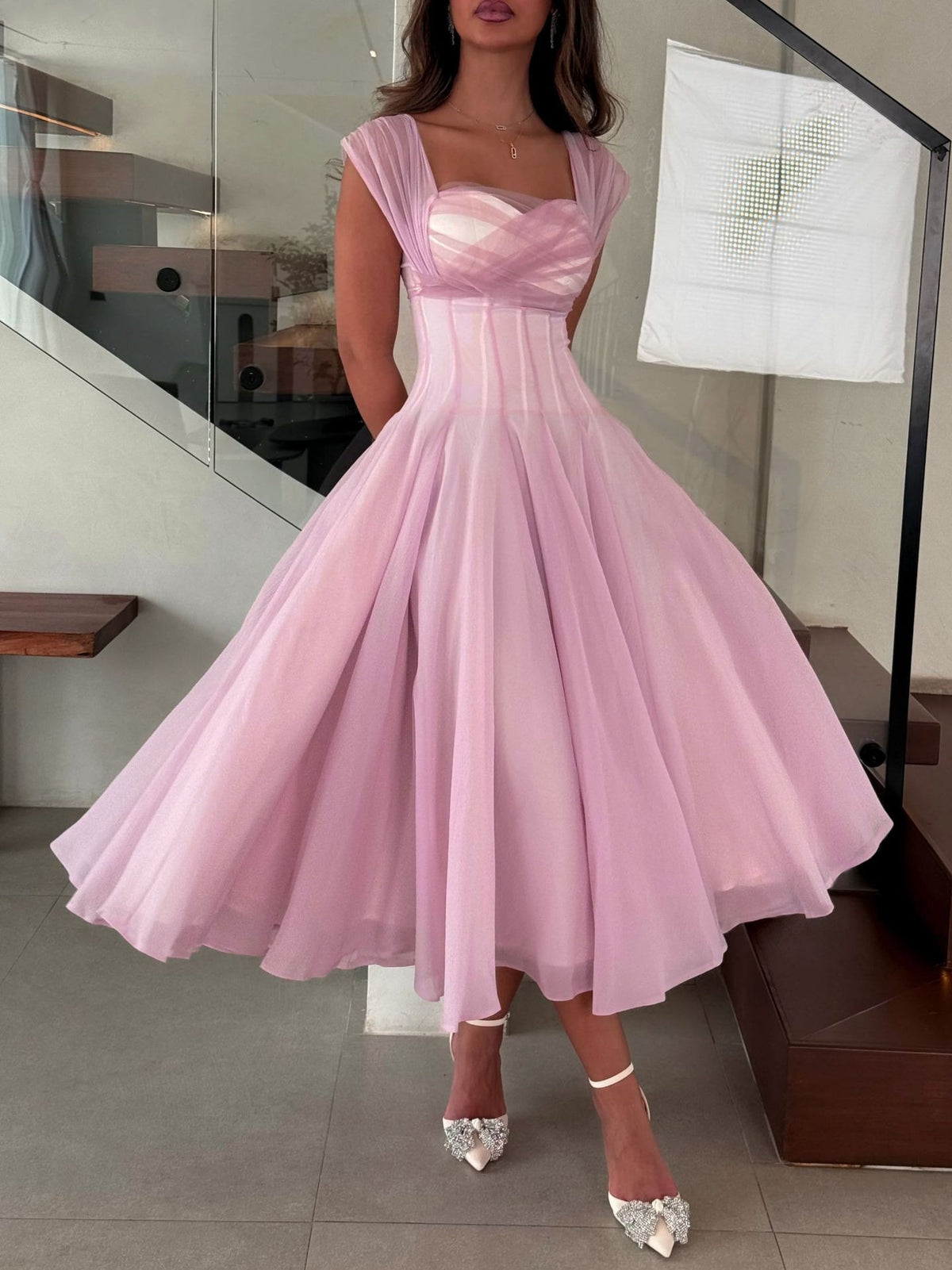 Vestido de dama de honor de malla de color sólido 