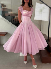 Vestido de dama de honor de malla de color sólido 