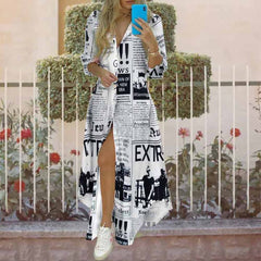 Printed lapel long sleeve shirt dress long skirt
