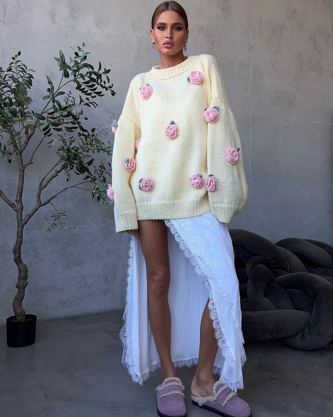 Crew Neck Sweater With Floral Details