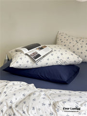 Jersey Knit Cotton Floral Bedding Set - White + Dark Blue