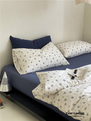 Jersey Knit Cotton Floral Bedding Set - White + Dark Blue
