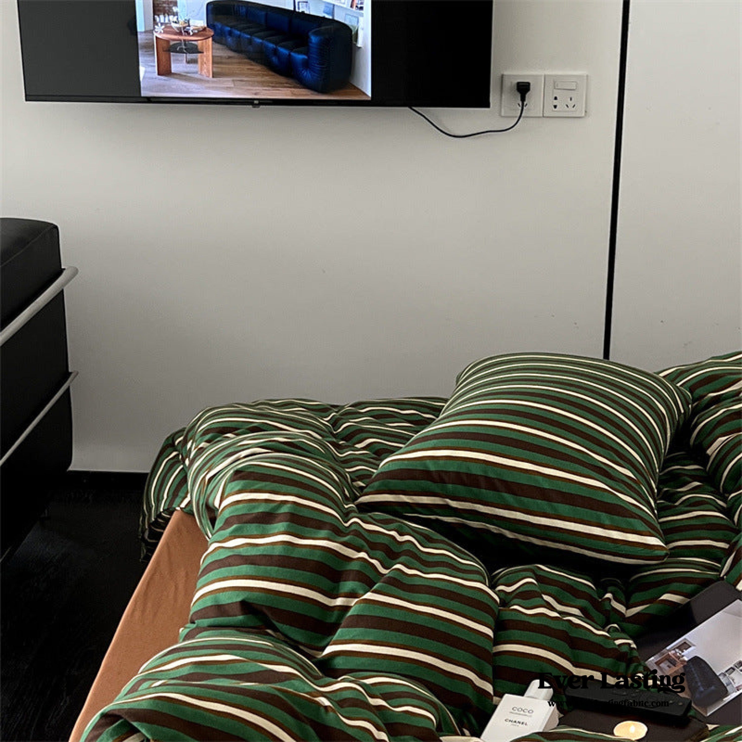 Jersey Knit Retro Stripe Bedding Set - Green + Brown