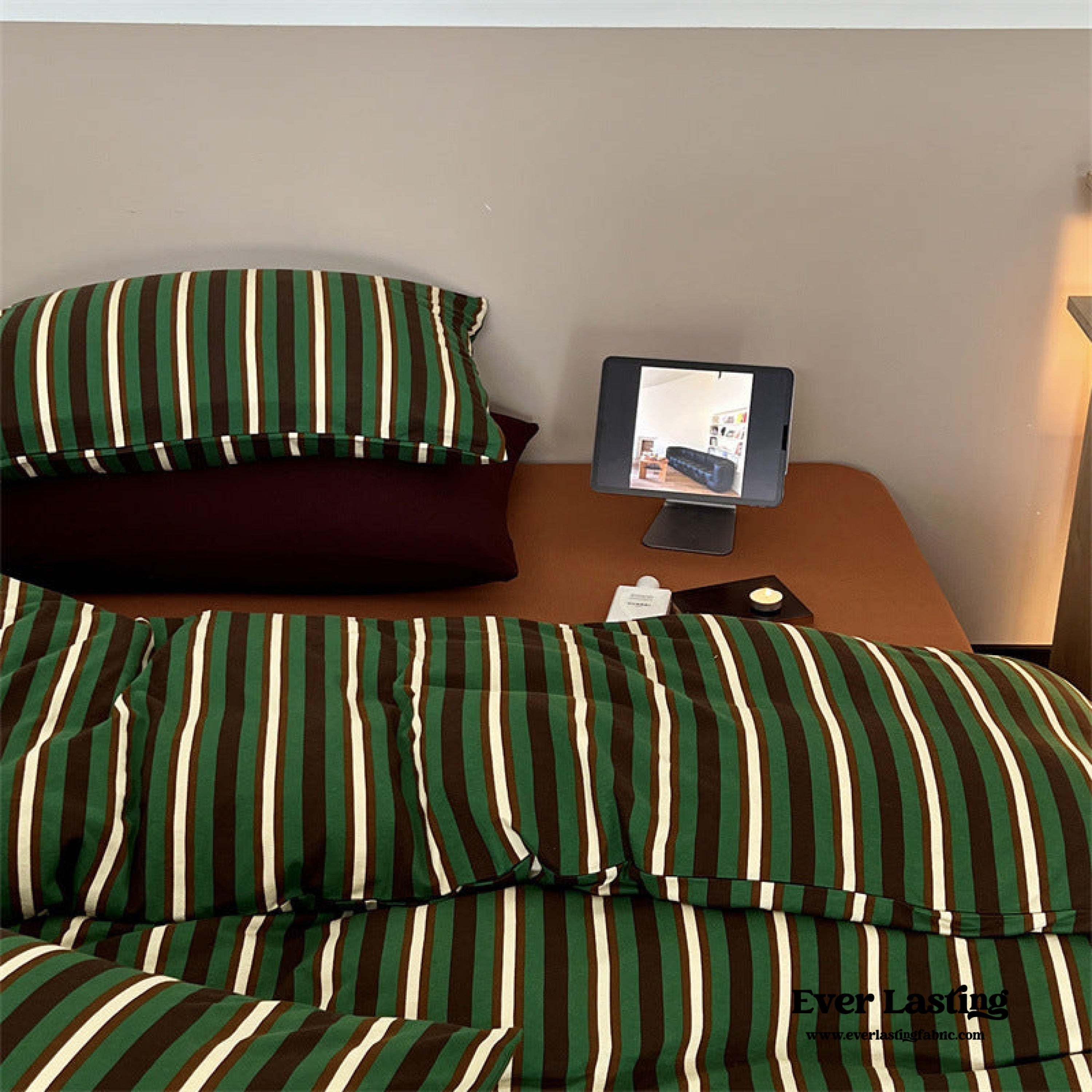 Jersey Knit Retro Stripe Bedding Set - Green + Brown