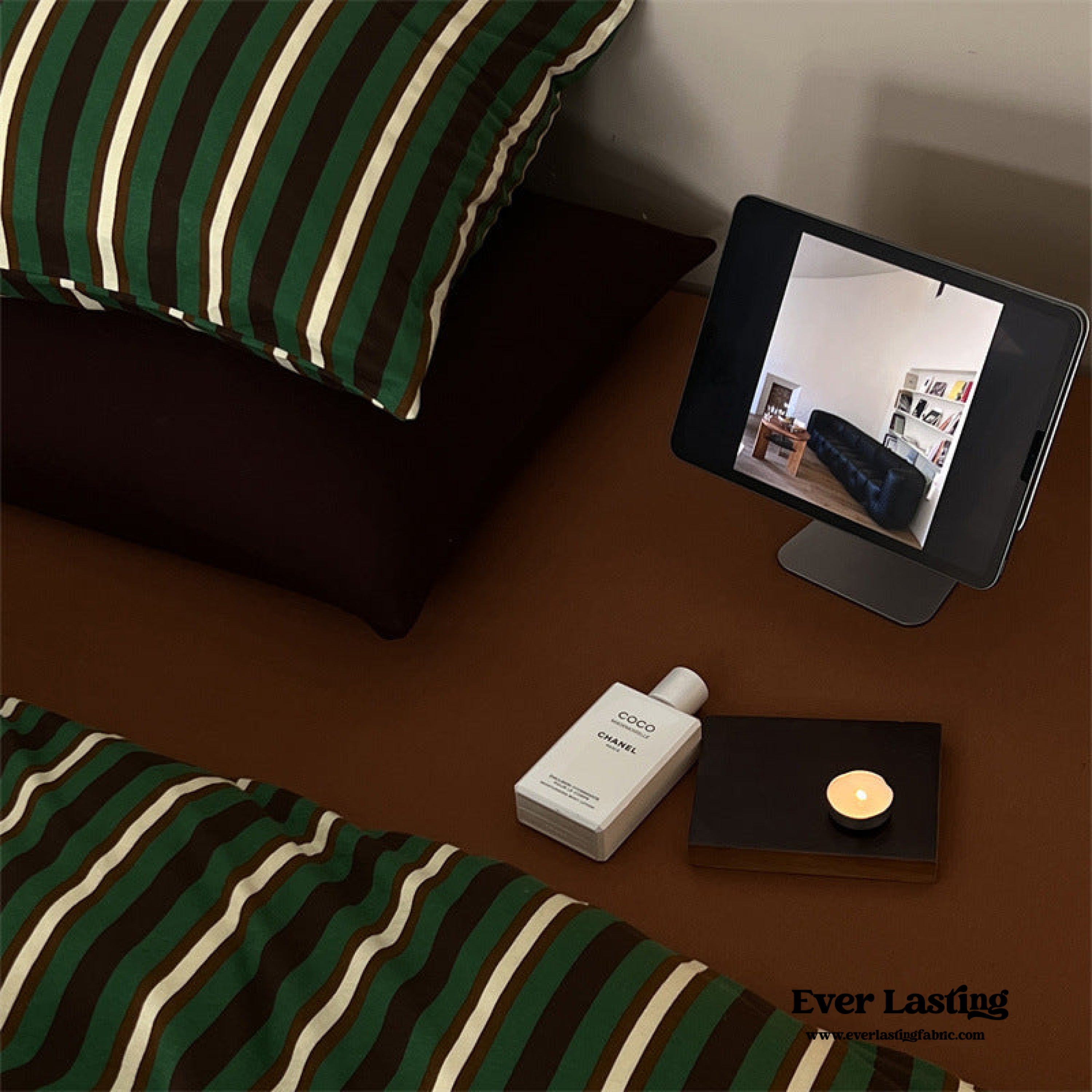 Jersey Knit Retro Stripe Bedding Set - Green + Brown