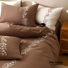 Lily of the Valley Embroidered Silky Bedding Set - Brown