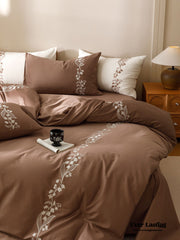 Lily of the Valley Embroidered Silky Bedding Set - Brown