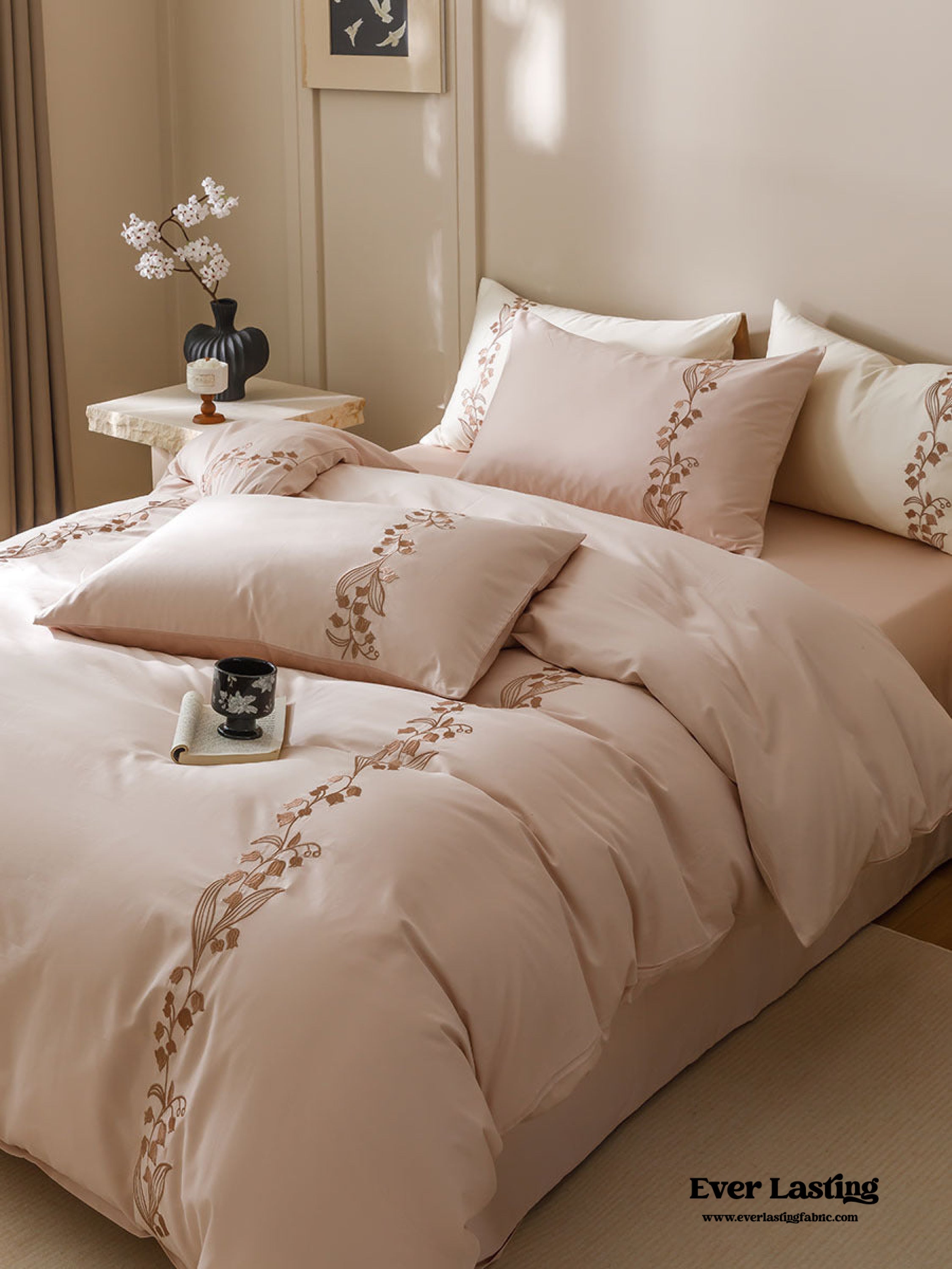 Lily of the Valley Embroidered Silky Bedding Set - Pink