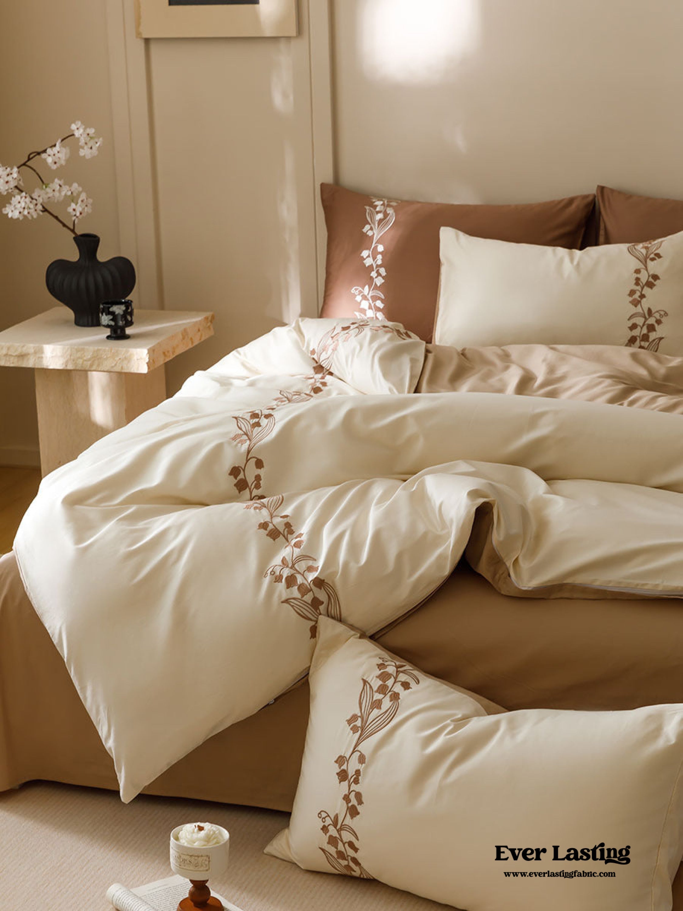 Lily of the Valley Embroidered Silky Bedding Set - Pink