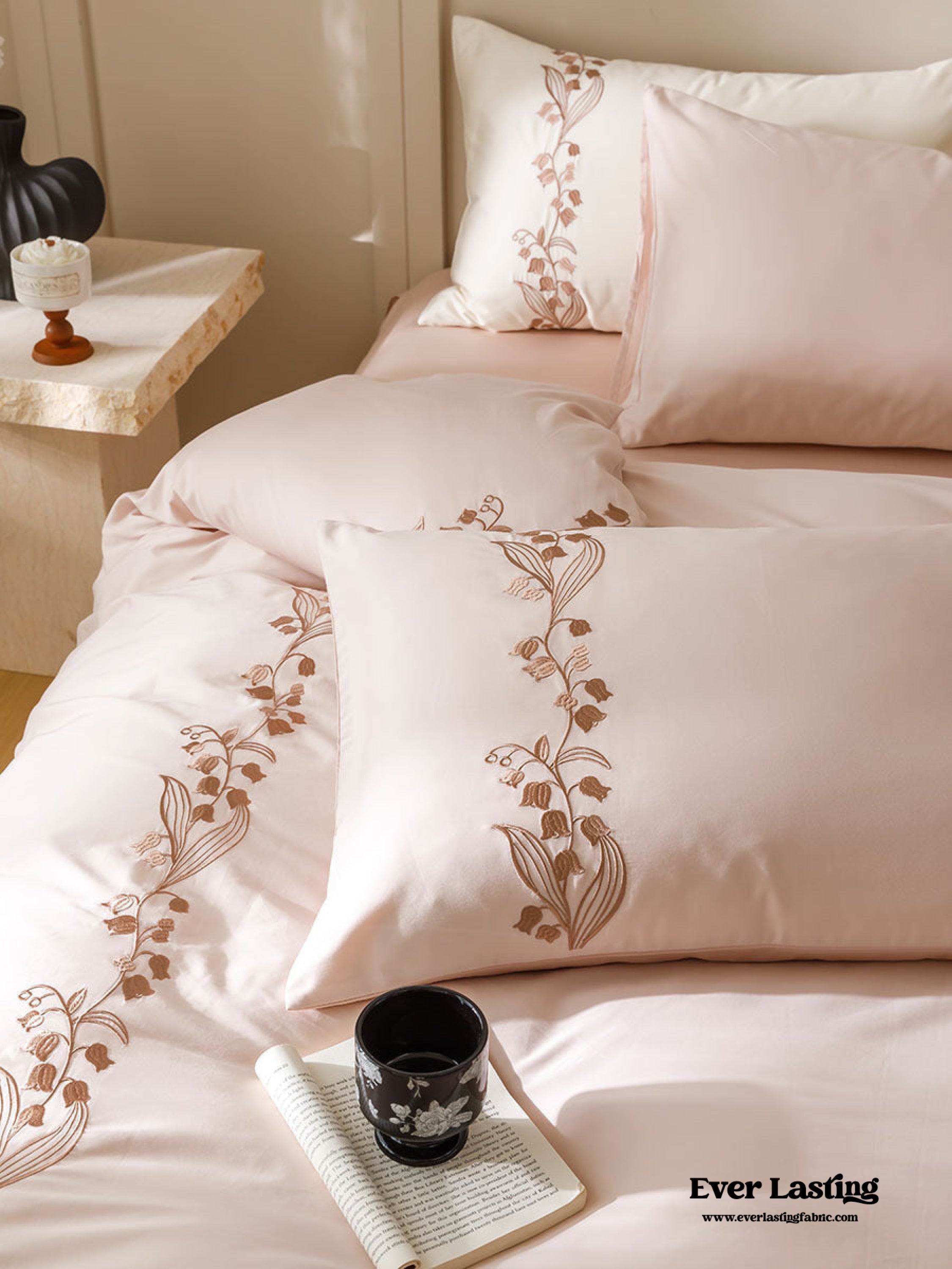 Lily of the Valley Embroidered Silky Bedding Set - Pink