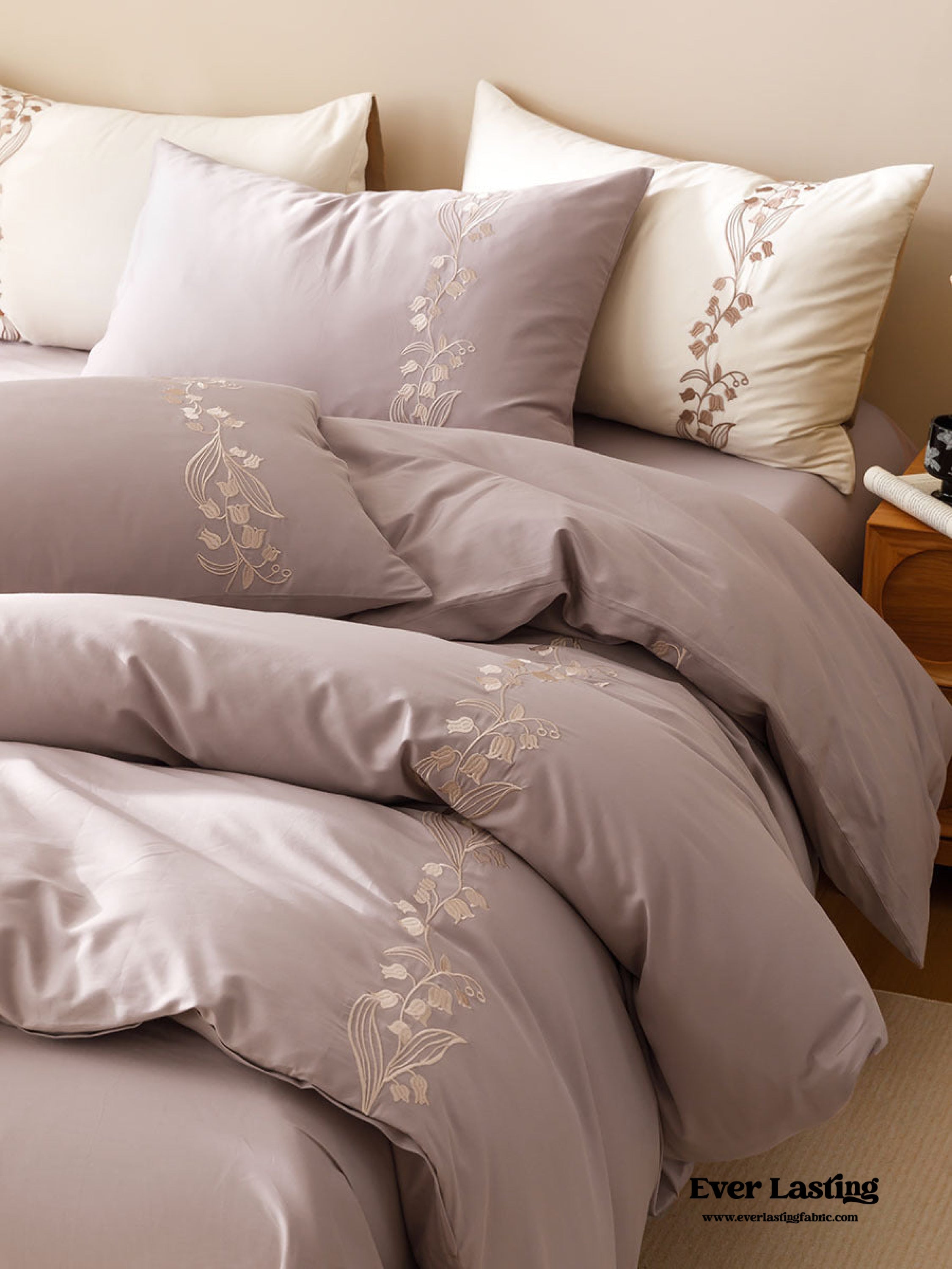 Lily of the Valley Embroidered Silky Bedding Set - Pink