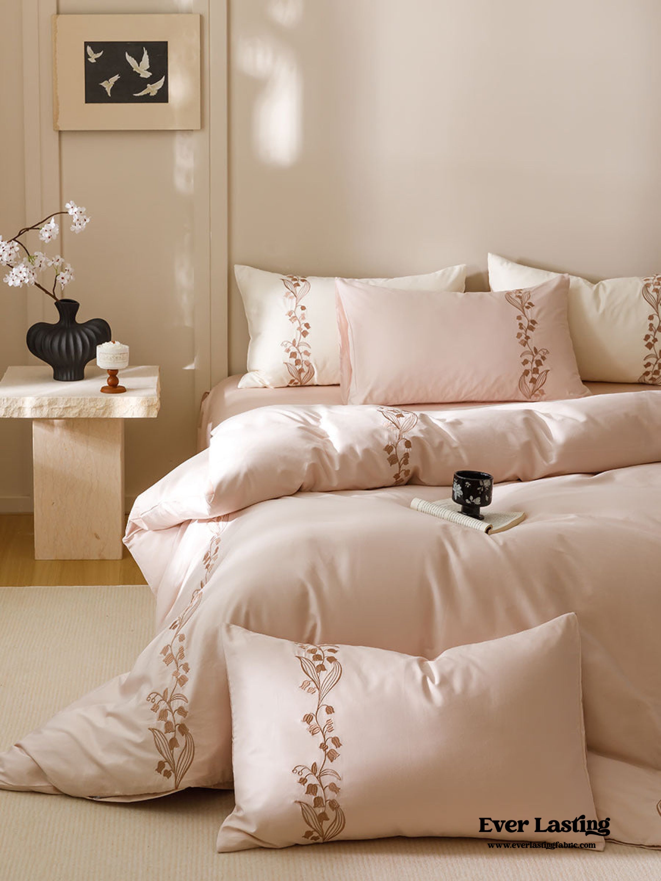 Lily of the Valley Embroidered Silky Bedding Set - Pink