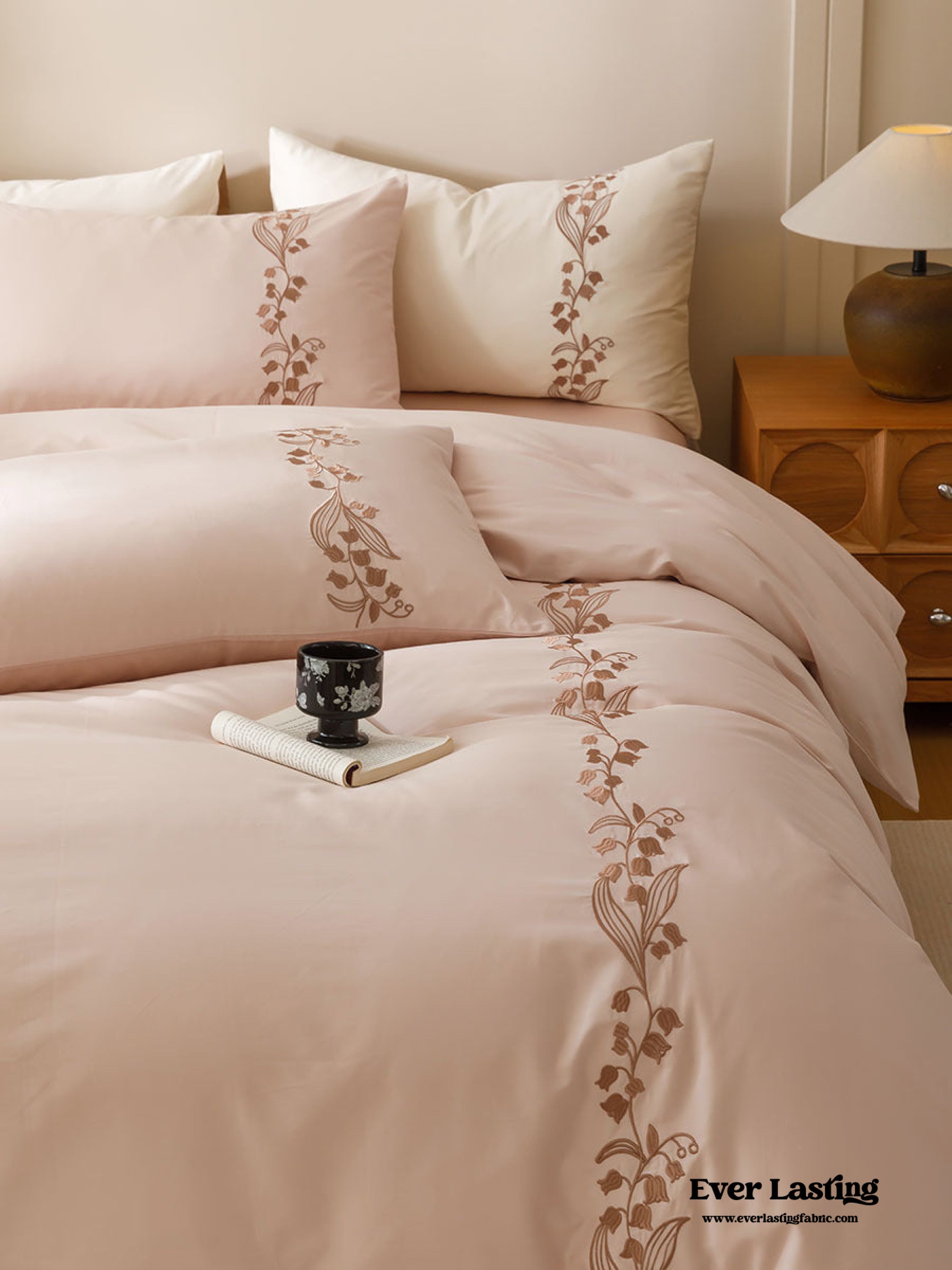 Lily of the Valley Embroidered Silky Bedding Set - Pink