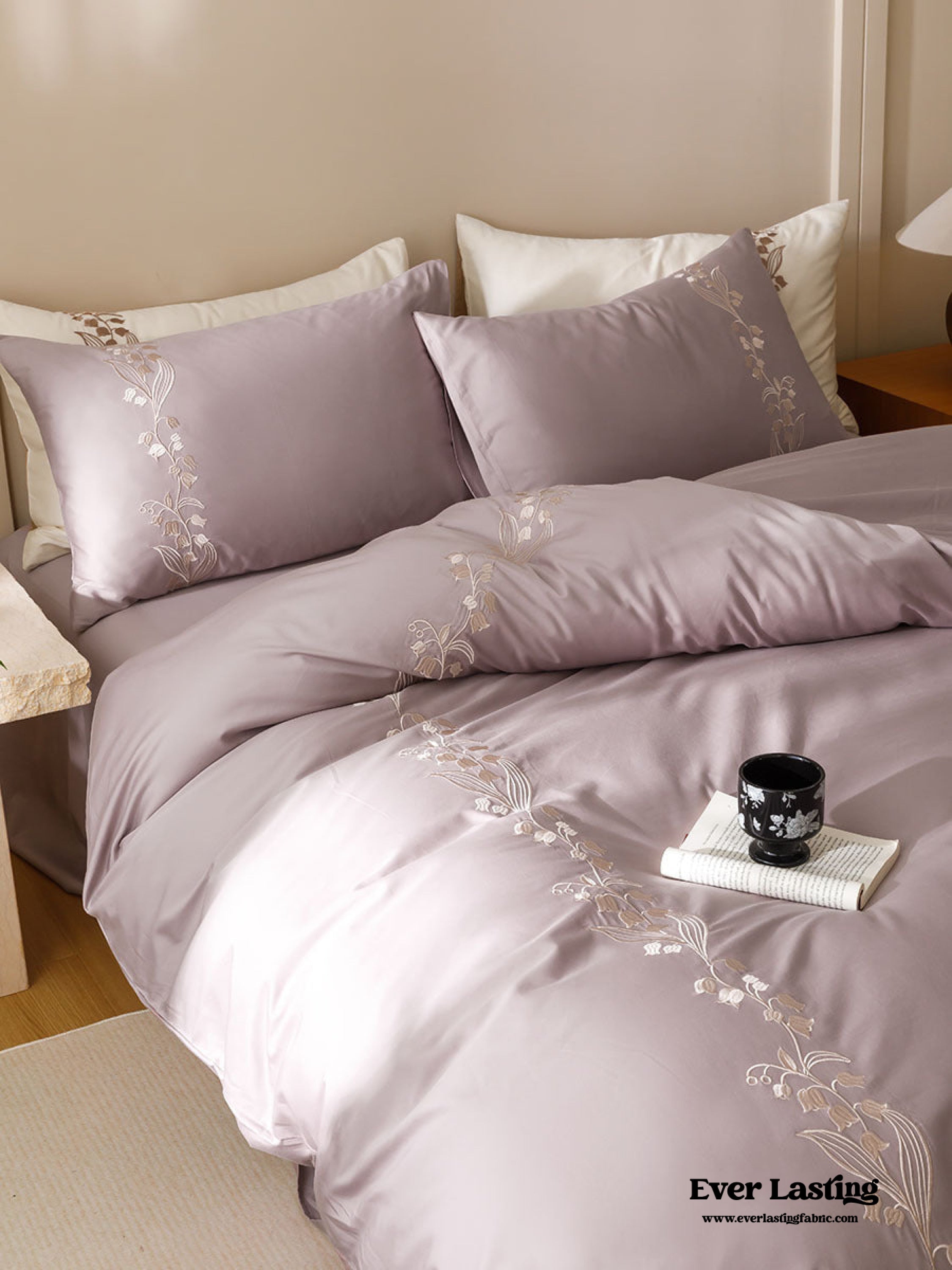 Lily of the Valley Embroidered Silky Bedding Set - Pink