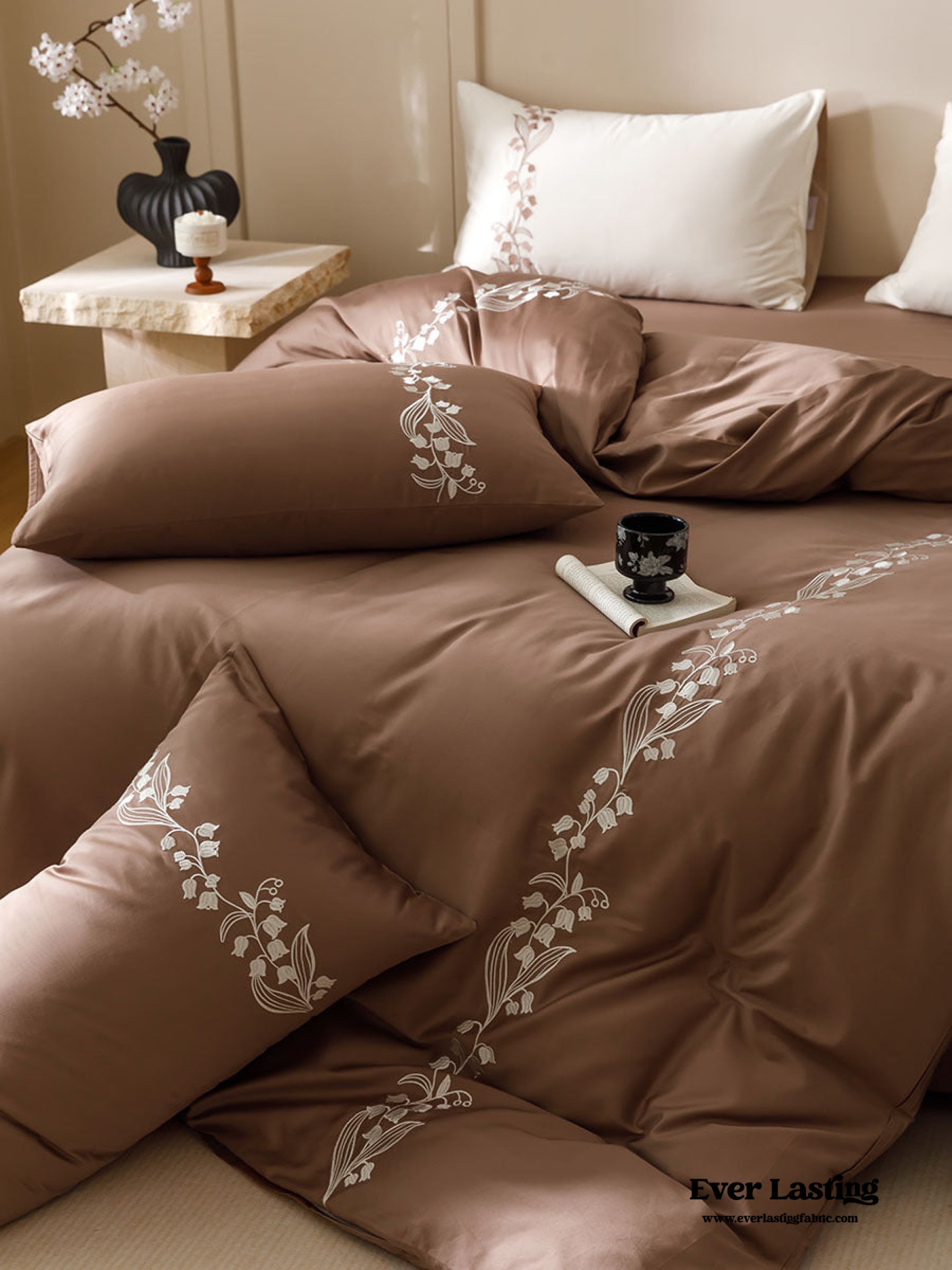 Lily of the Valley Embroidered Silky Bedding Set - Pink