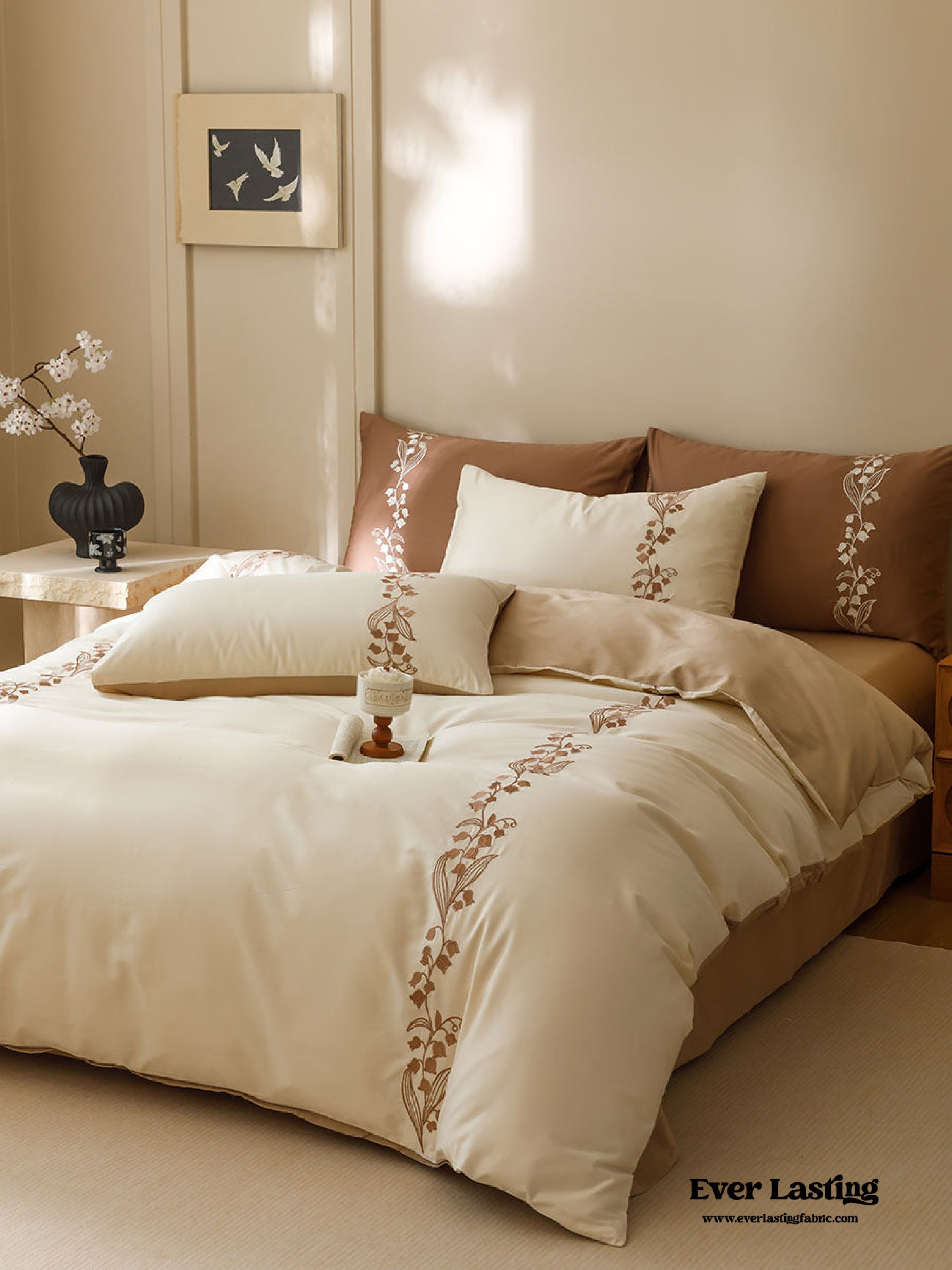 Lily of the Valley Embroidered Silky Bedding Set - Pink