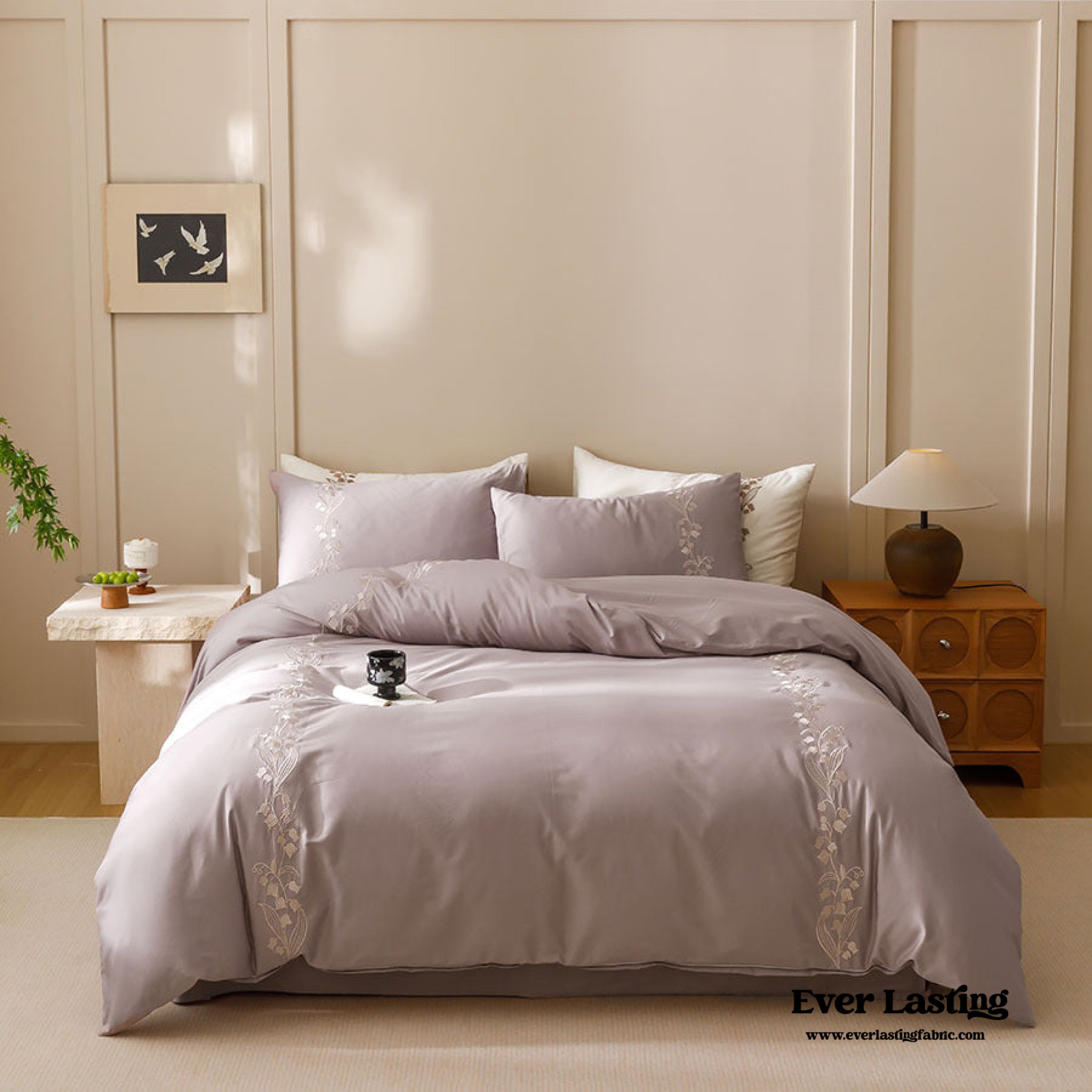 Lily of the Valley Embroidered Silky Bedding Set - Pink