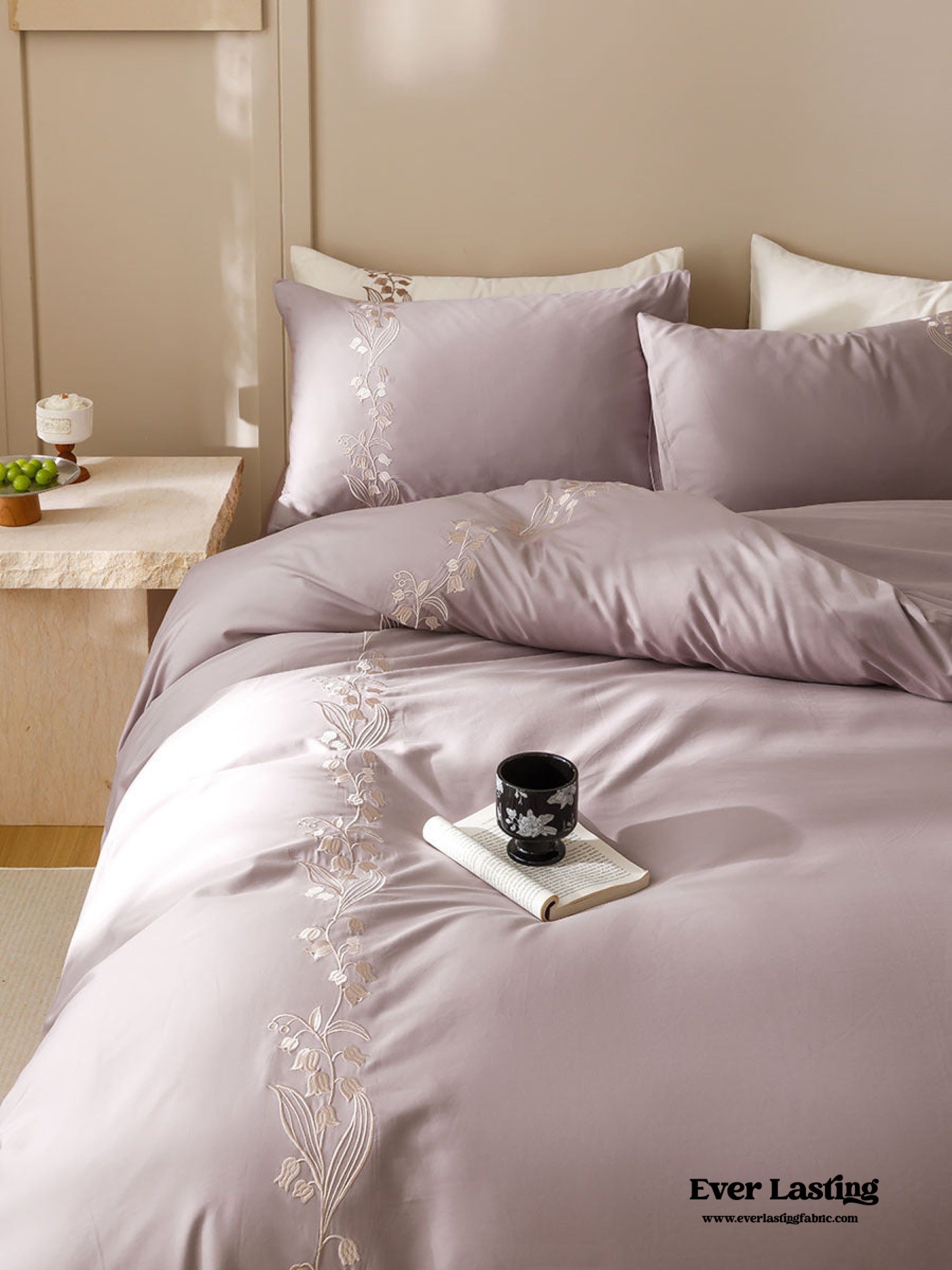 Lily of the Valley Embroidered Silky Bedding Set - Pink