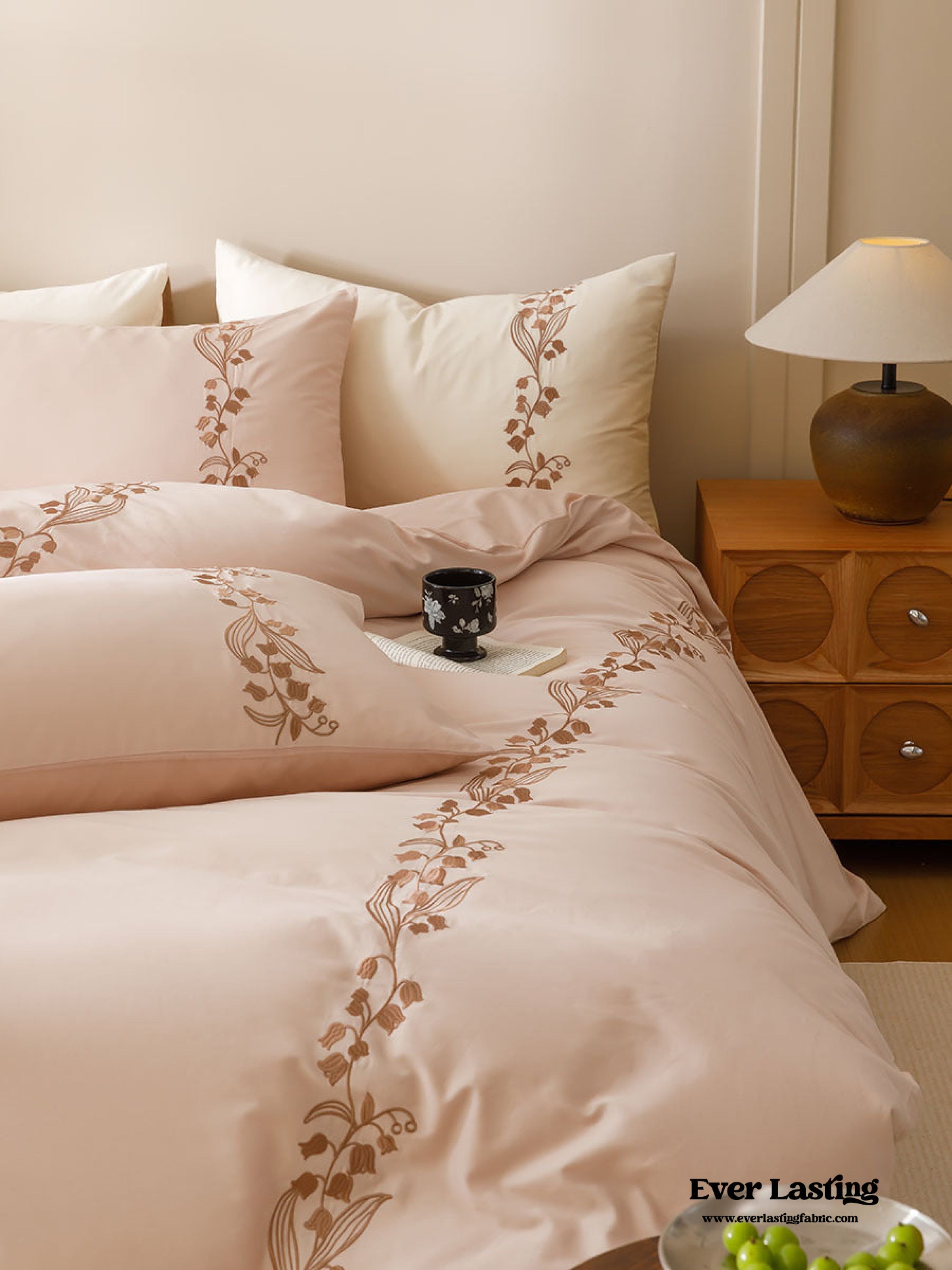 Lily of the Valley Embroidered Silky Bedding Set - Pink