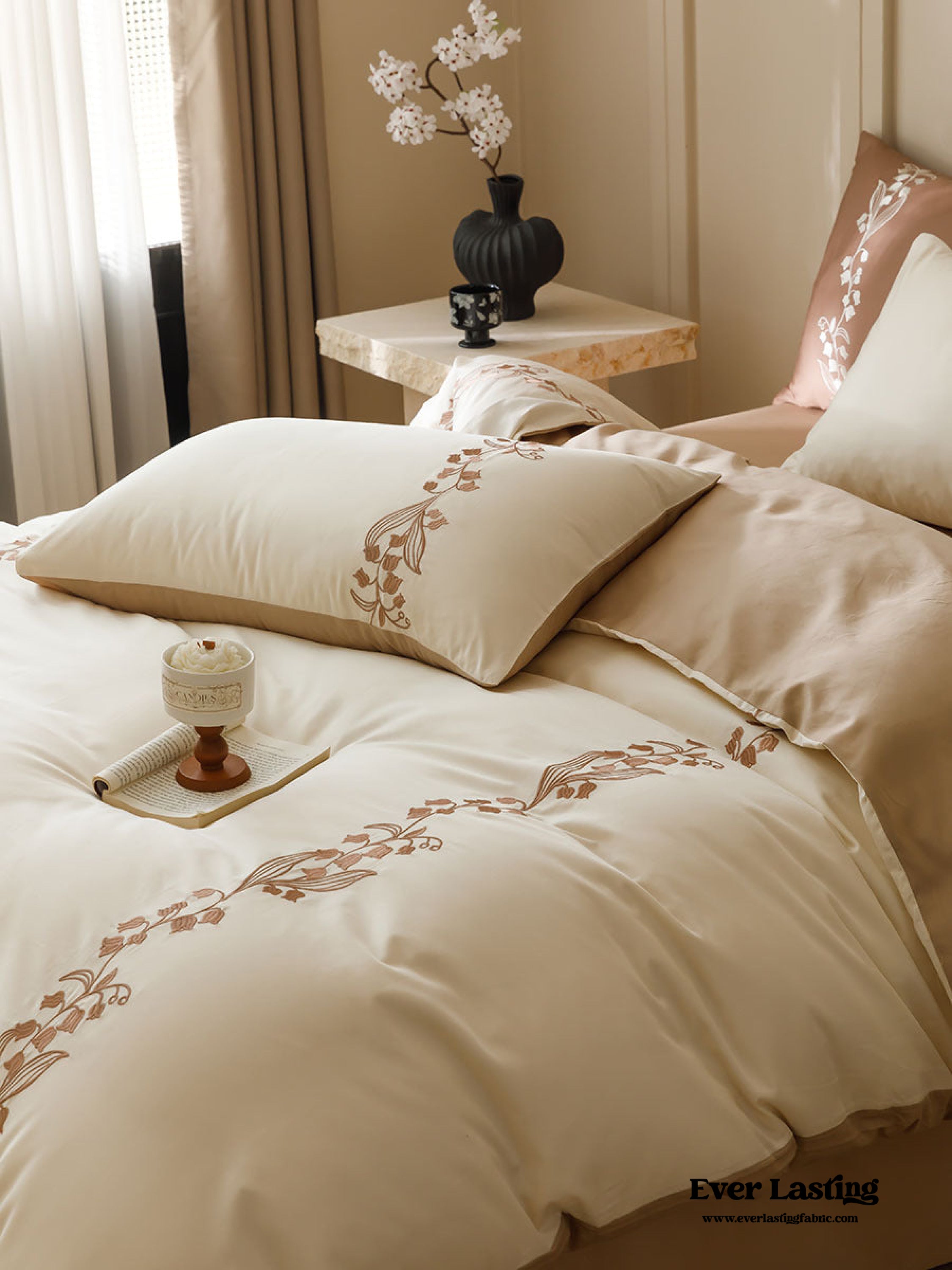 Lily of the Valley Embroidered Silky Bedding Set - Pink