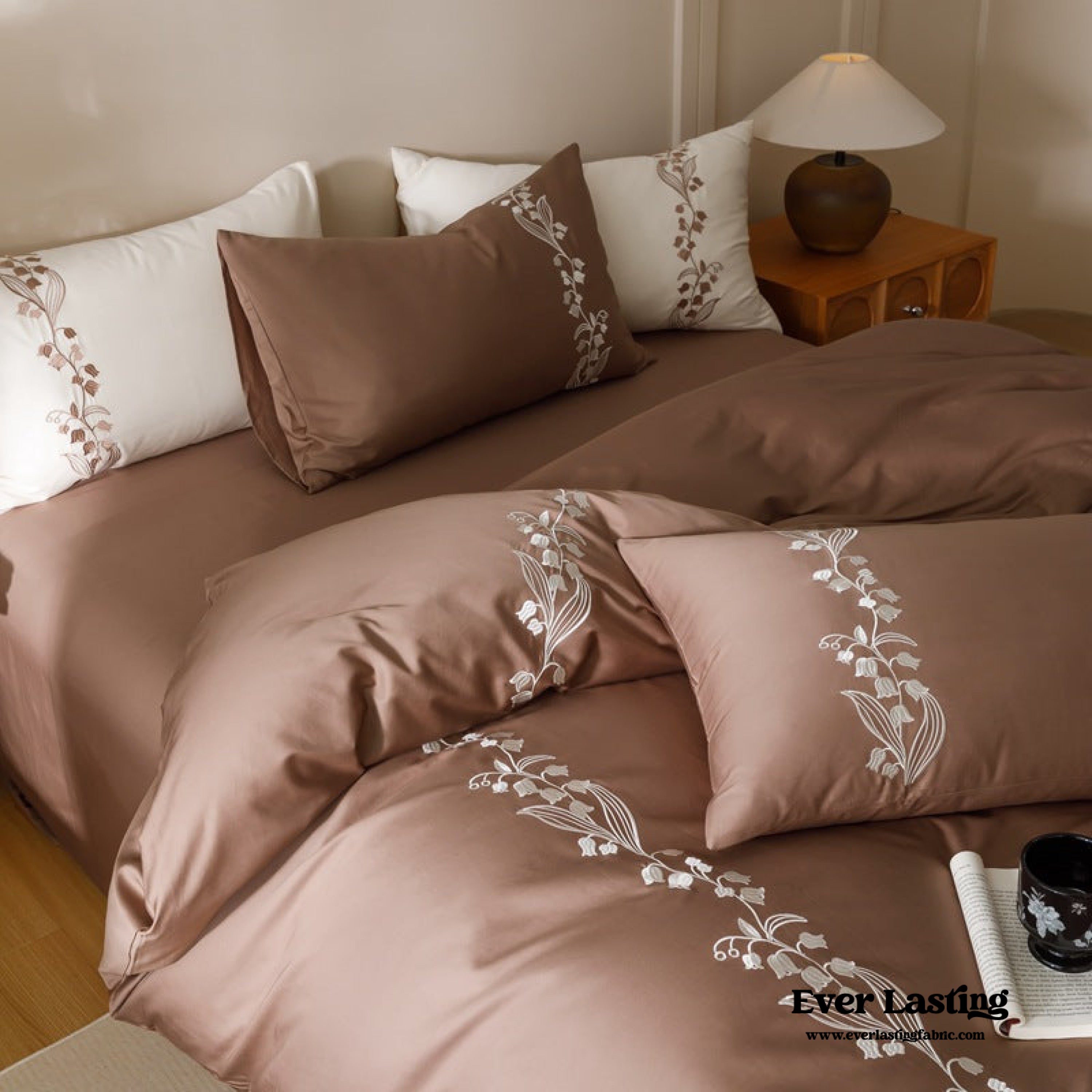 Lily of the Valley Embroidered Silky Bedding Set - Pink