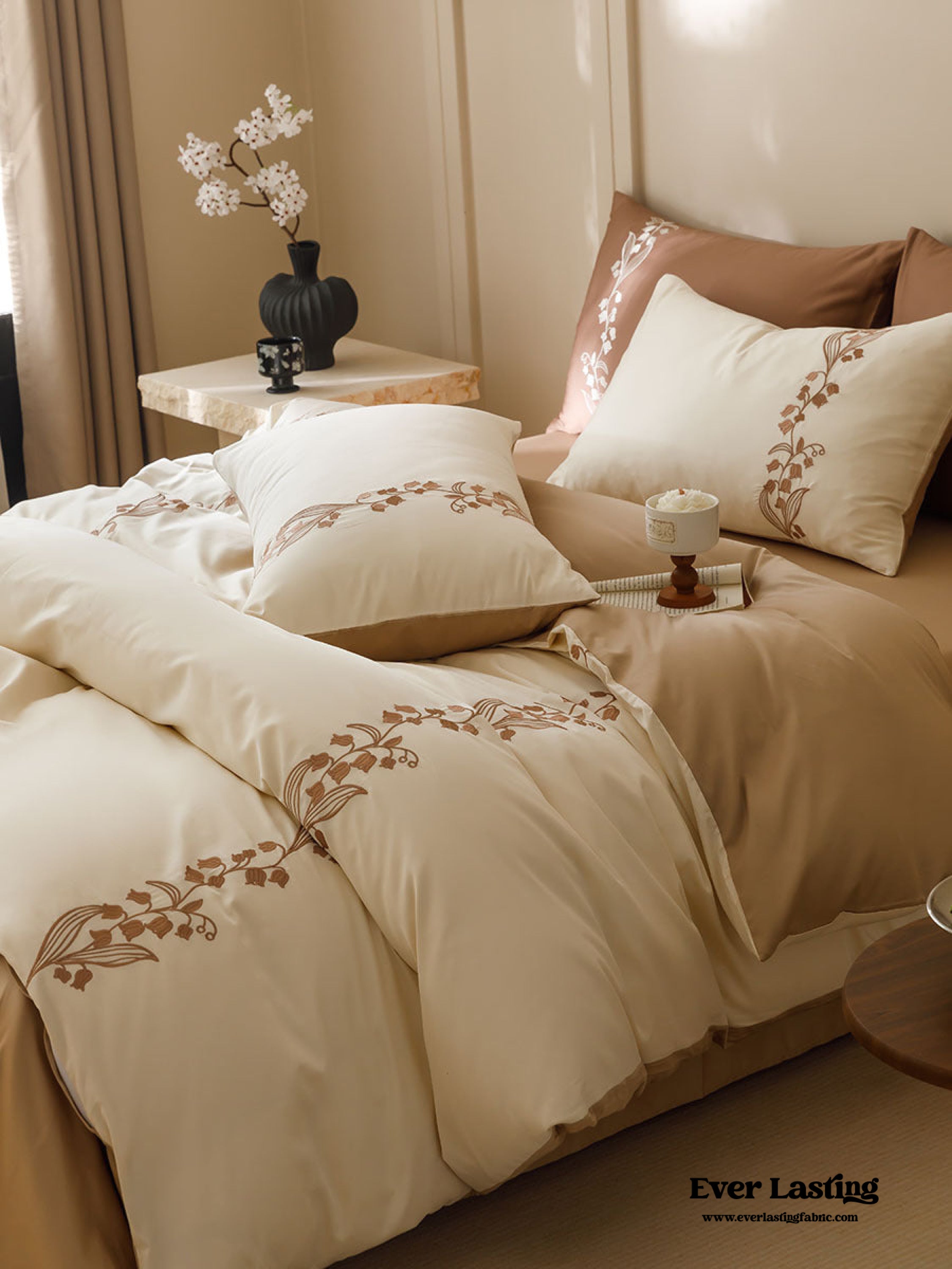 Lily of the Valley Embroidered Silky Bedding Set - Pink