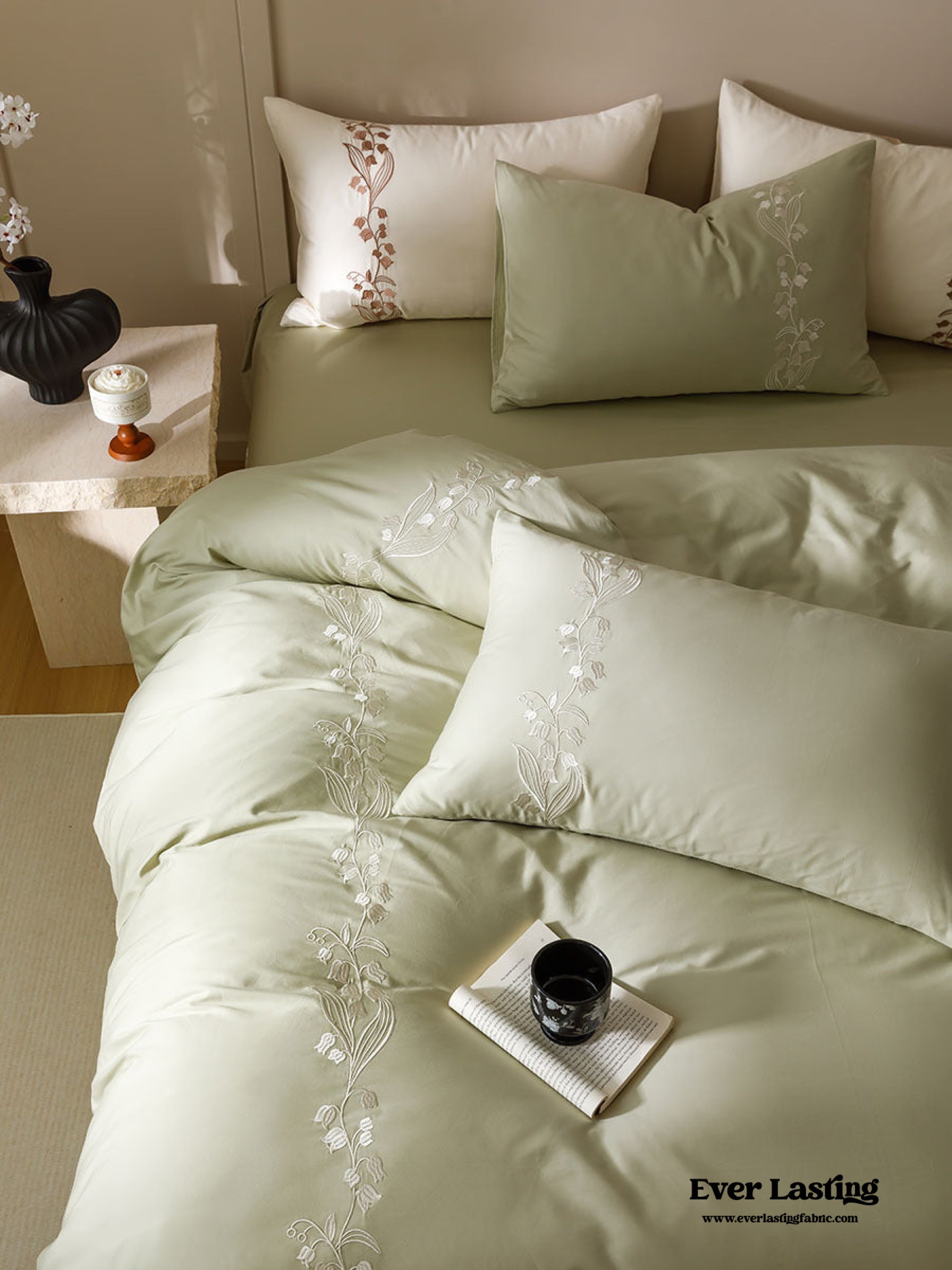 Lily of the Valley Embroidered Silky Bedding Set - Pink
