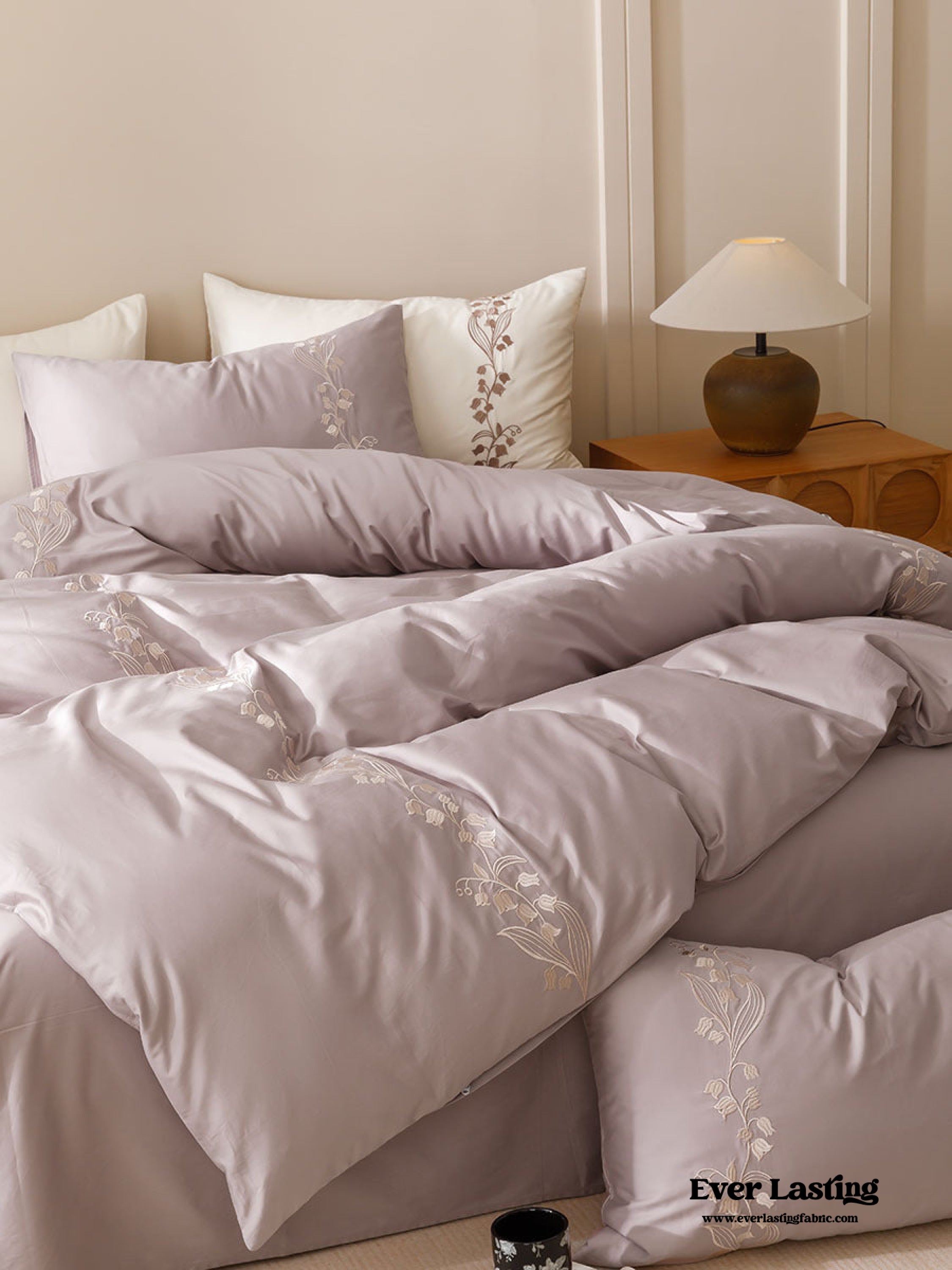 Lily of the Valley Embroidered Silky Bedding Set - Pink