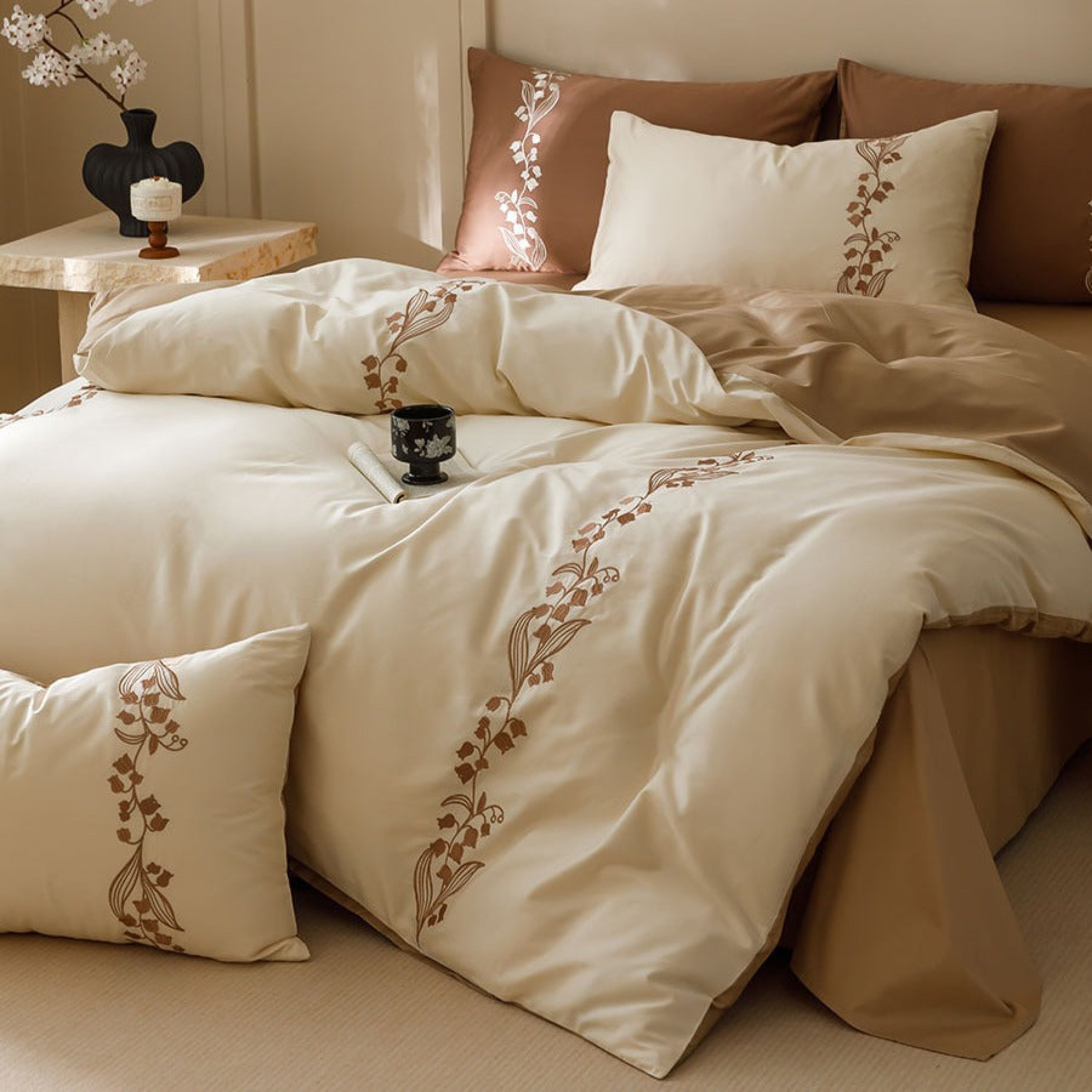 Lily of the Valley Embroidered Silky Bedding Set - Pink