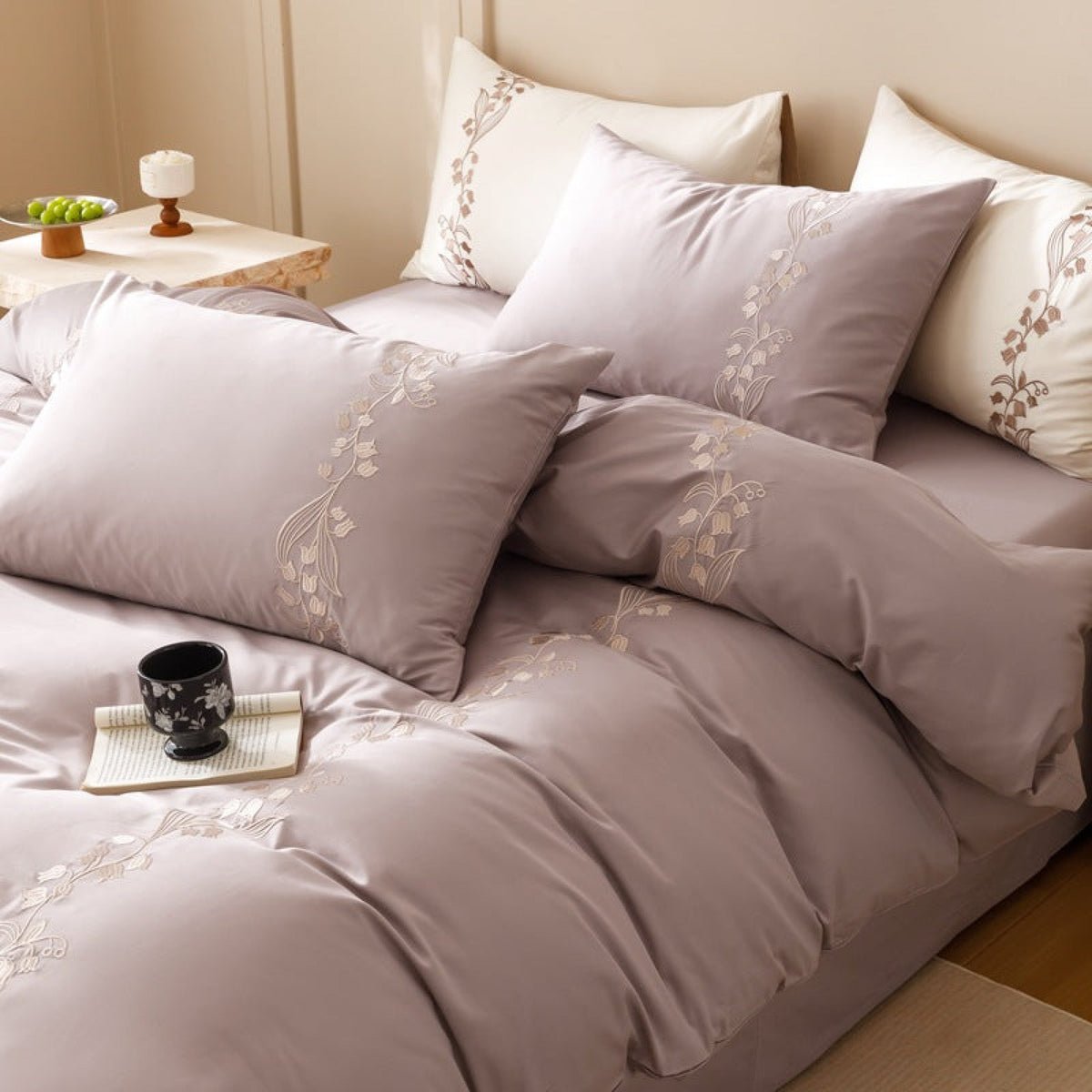 Lily of the Valley Embroidered Silky Bedding Set - Purple