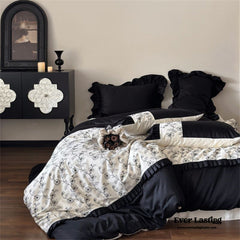 Little Black Lace Floral Bedding Set - Black + White